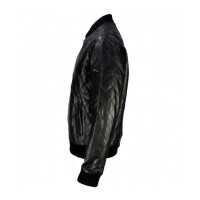 BLACK LAMBSKIN LEATHER QUILTED VARSITY JACKET 